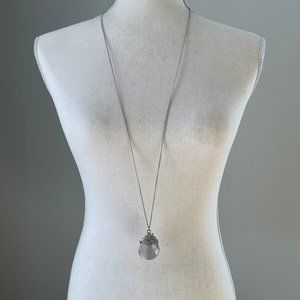 Long Teardrop Faux Moonstone Glass Pendant Rhinestone Details on 37" - 39" Chain